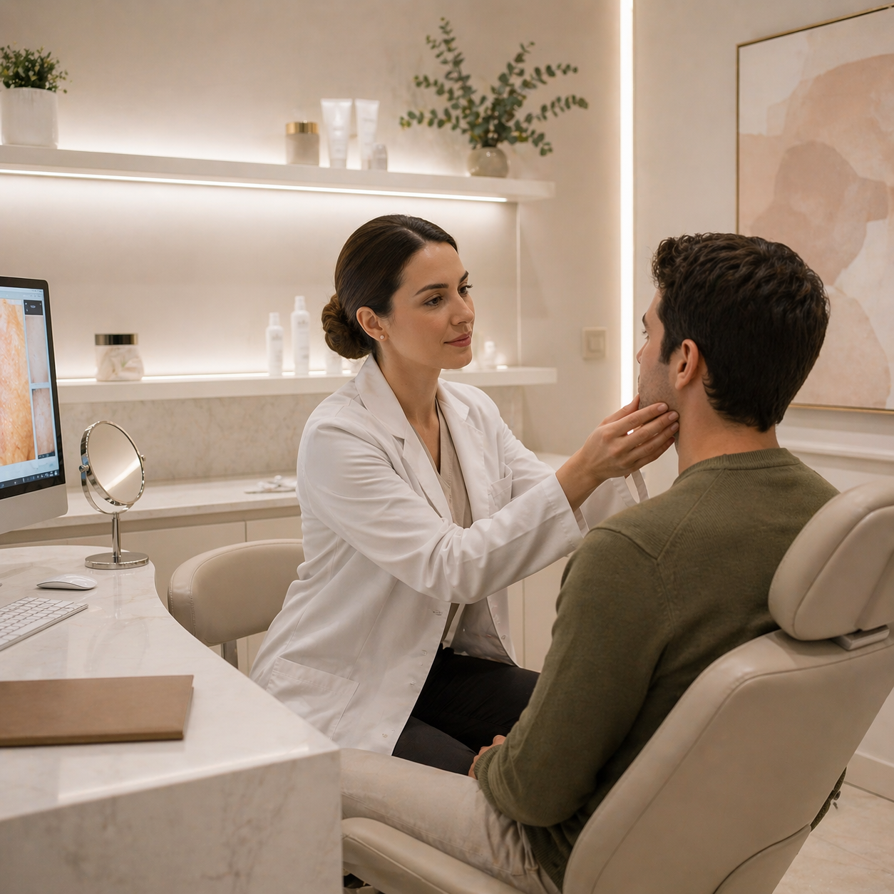 Dermatóloga atendiendo un paciente