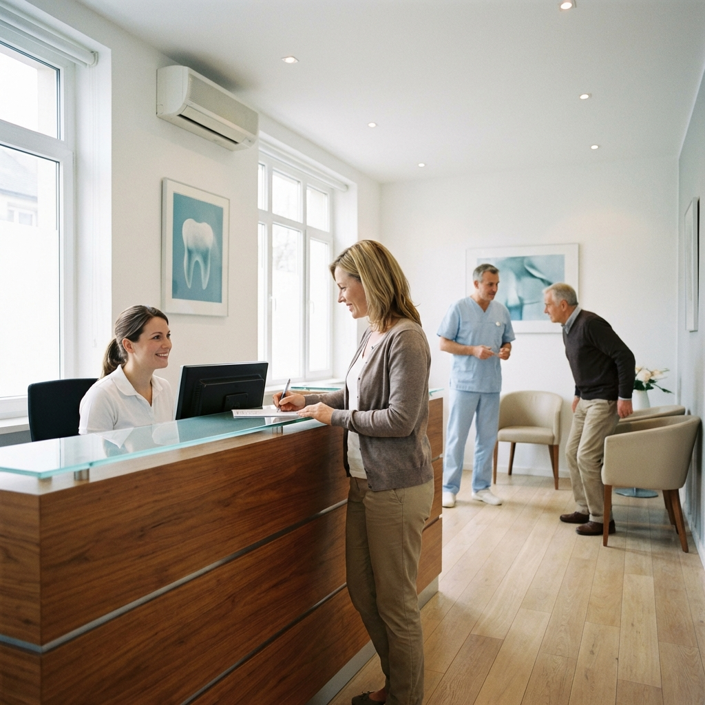 Recepción dental atendiendo a pacientes, sin distracciones